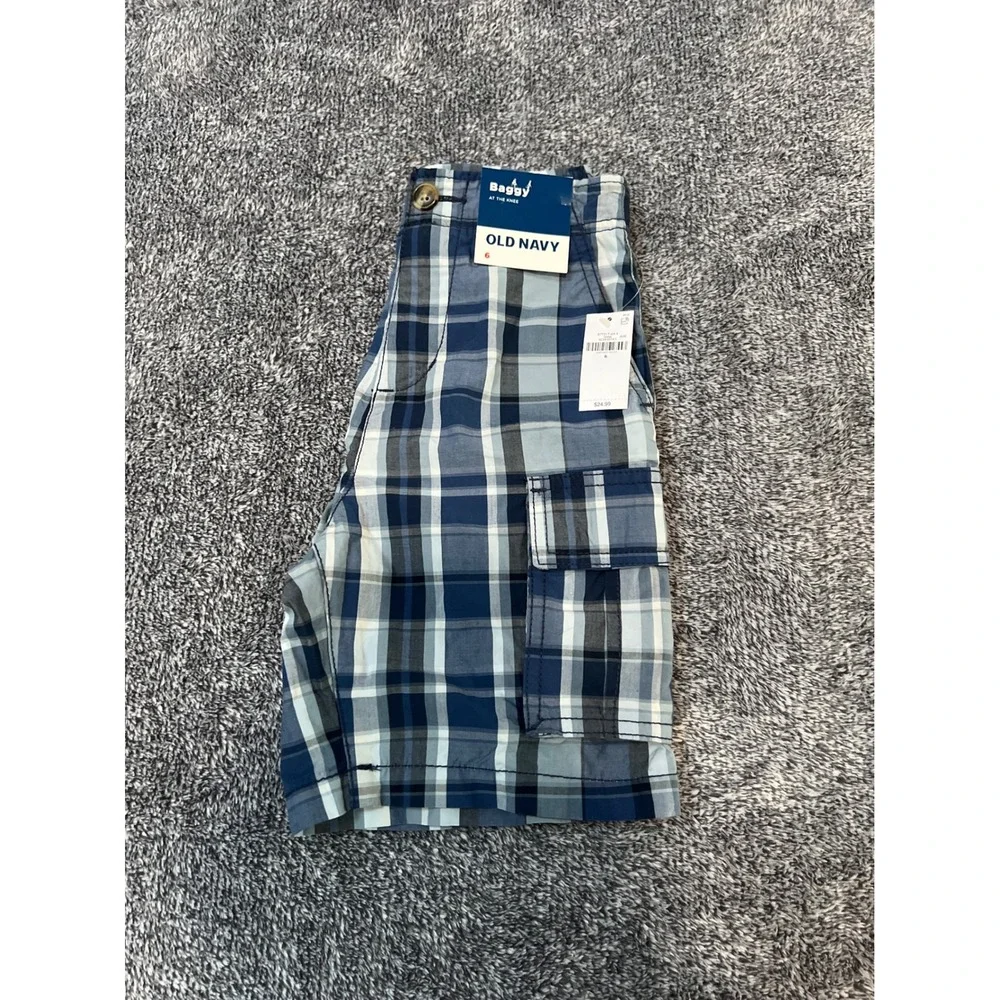 Old Navy Boys Blue Plaid Baggy At The Knee Cargo Shorts Size 6 NWT